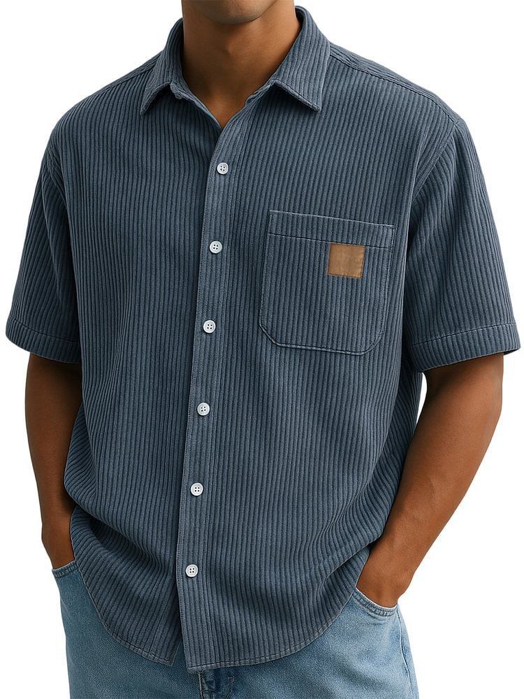 Versatile Leisure Corduroy Leather Sticker Pocket Short Sleeve Shirt