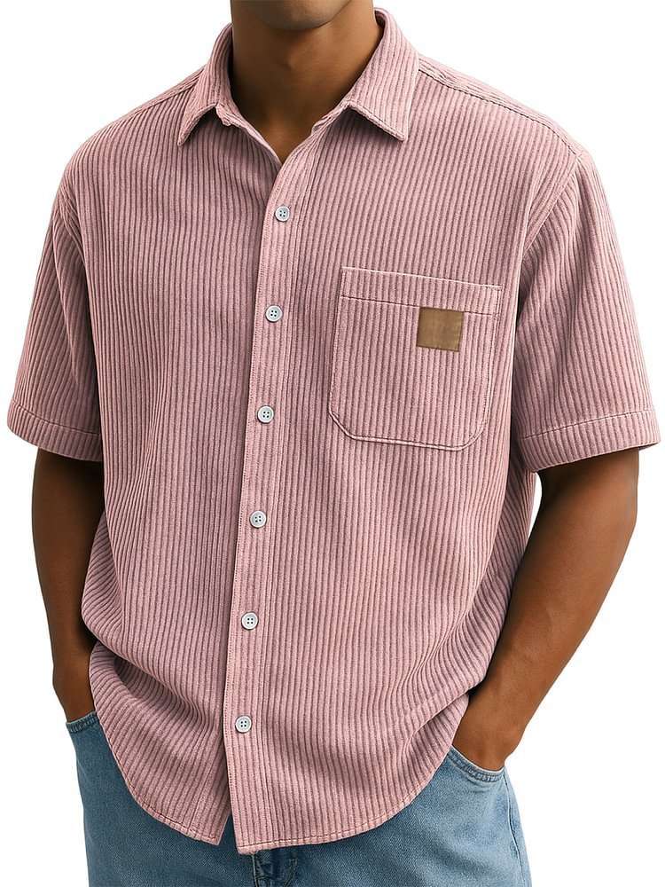 Versatile Leisure Corduroy Leather Sticker Pocket Short Sleeve Shirt